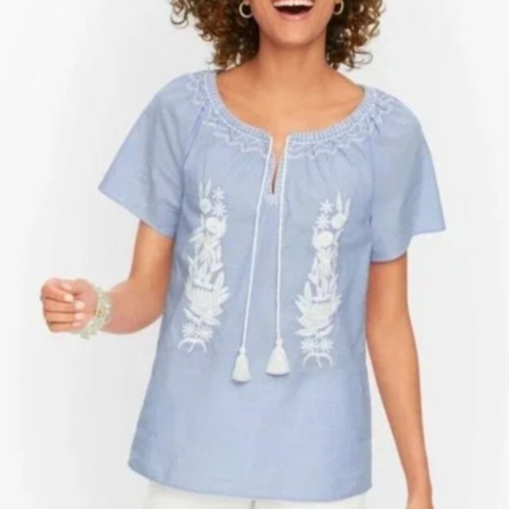 Talbots Embroidered Chambray Tie Neck Top Short Sleeve Blue White Boho Sz L